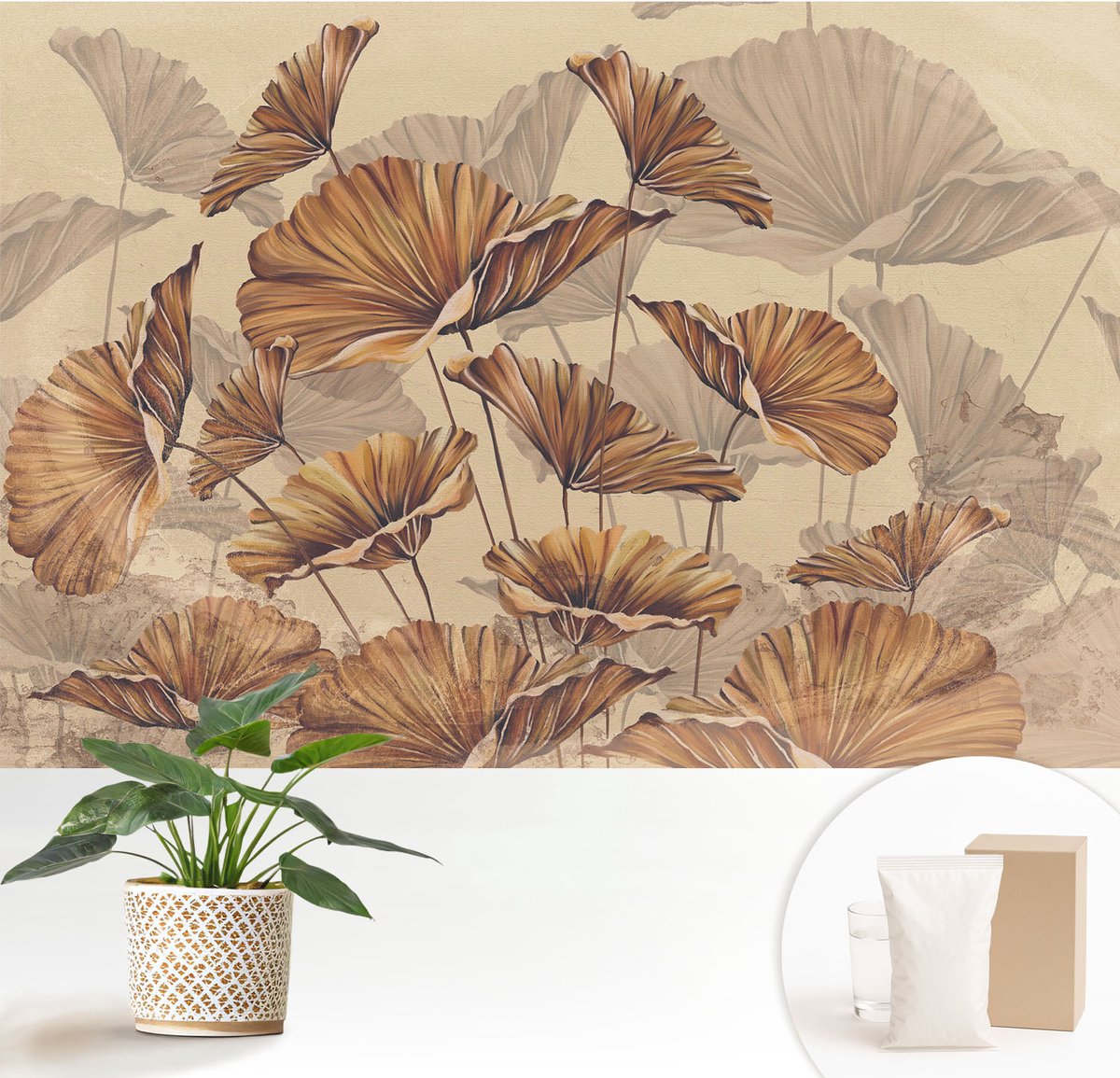 Wallfluent Fotobehang - Beige Vliesbehang - 152x104 cm - Herfstachtige Elegantie Muurschildering - Slaapkamer behang Bloemen En Planten - Fotobehang Vlies - Slaapkamer behang