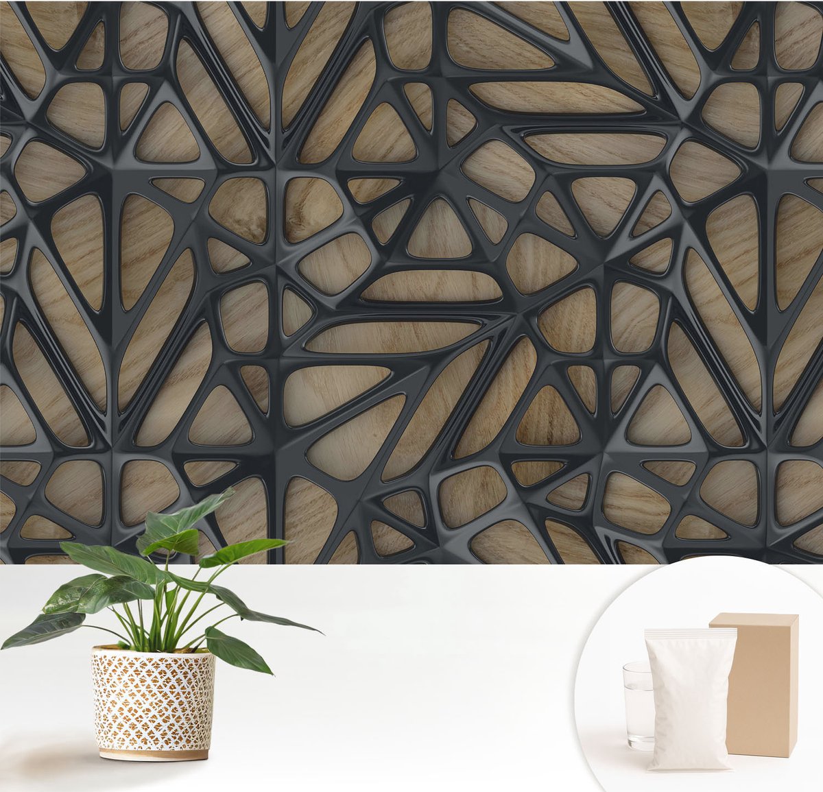 Wallfluent Fotobehang - Beige Vliesbehang - 152x104 cm - Houten Net Fotobehang Vlies - Woonkamer behang Abstractie - Muurschildering - Woonkamer behang