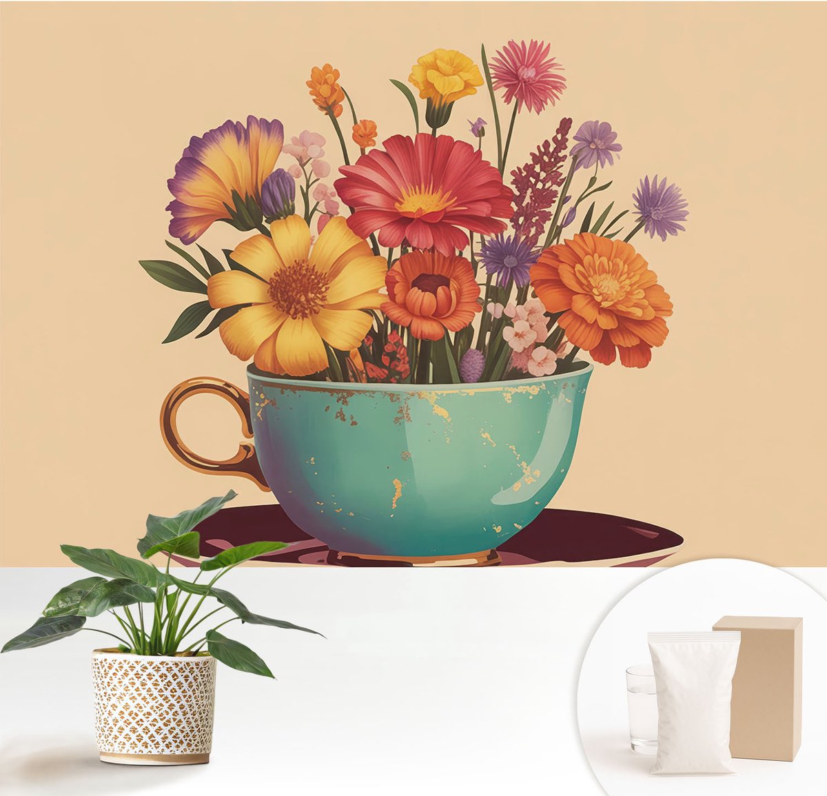 Wallfluent Fotobehang - Beige Vliesbehang - 152x104 cm - Een Kleurrijk Boeket Muurschildering - Slaapkamer behang Bloemen En Planten - Fotobehang Vlies - Slaapkamer behang