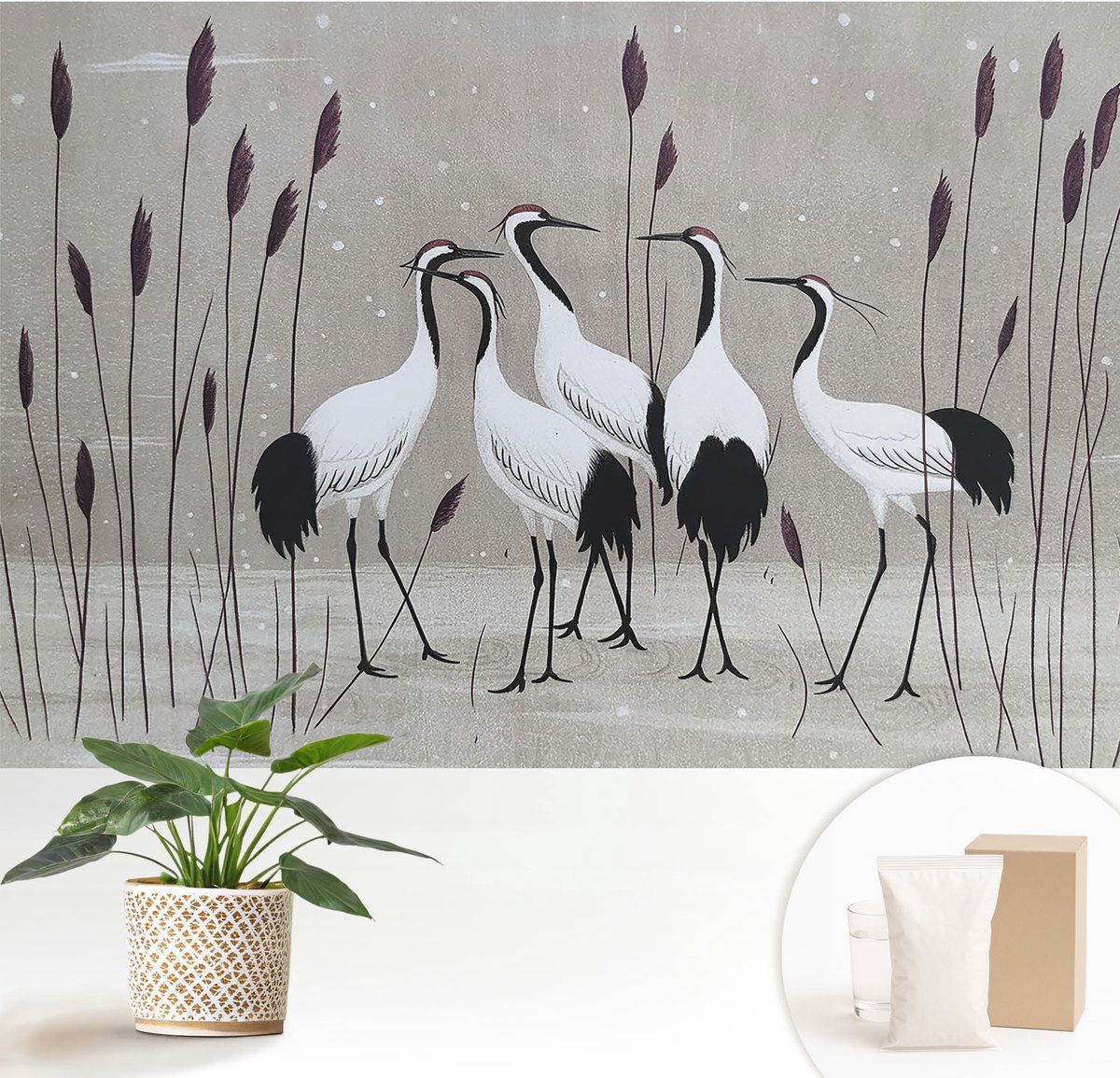Wallfluent Fotobehang - Grijs Vliesbehang - 152x104 cm - Een Zwerm Kraanvogels Muurschildering - Slaapkamer behang Dieren - Fotobehang Vlies - Gang behang