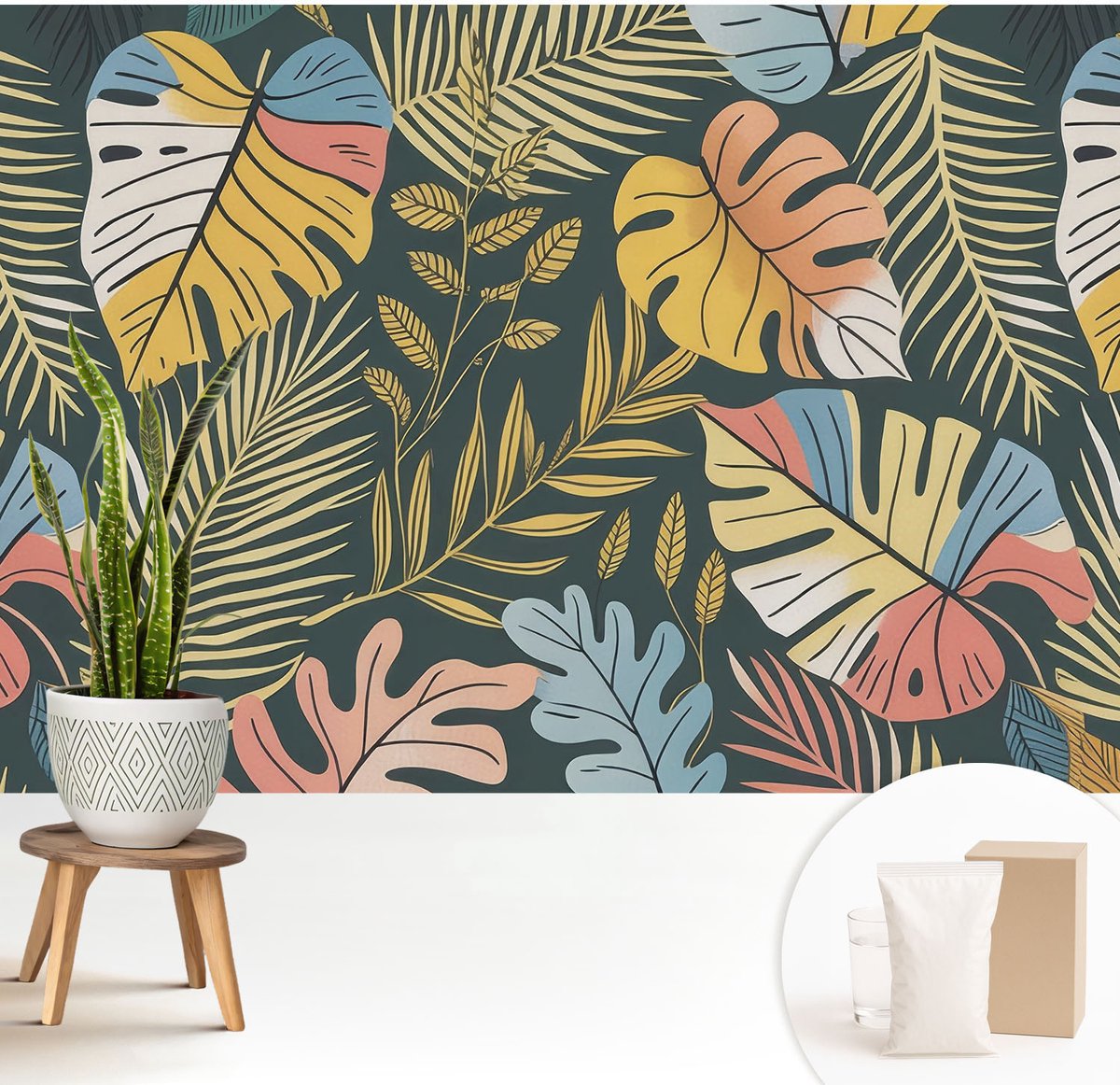 Wallfluent Fotobehang - Geel Vliesbehang - 208x146 cm - Tropische Energie Fotobehang Vlies - Hal behang Bloemen En Planten - Muurschildering - Woonkamer behang