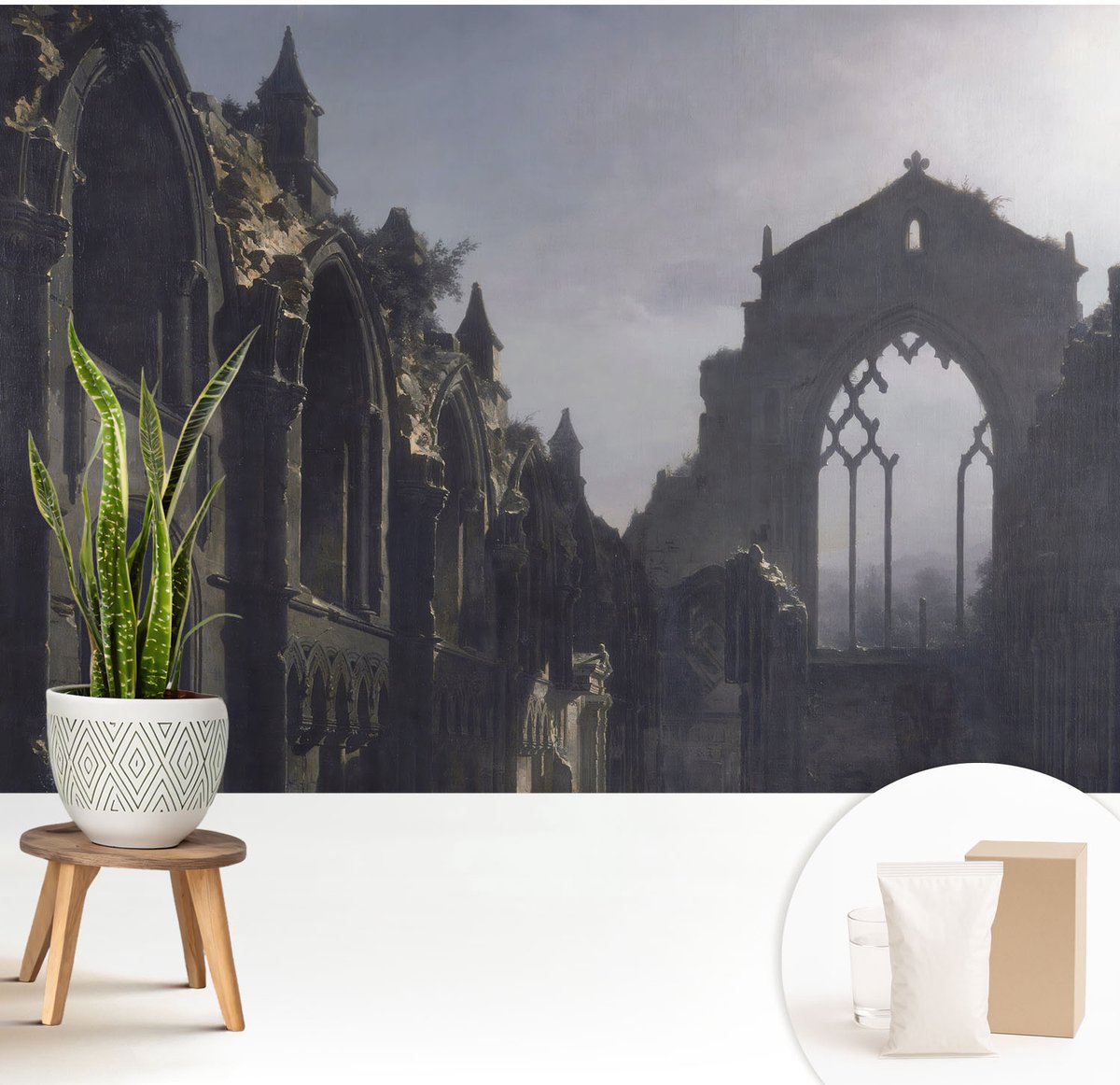 Wallfluent Fotobehang - Grijs Vliesbehang - 208x146 cm - Gotische Ruïnes Muurschildering - Gang behang Architectuur - Fotobehang Vlies - Gang behang