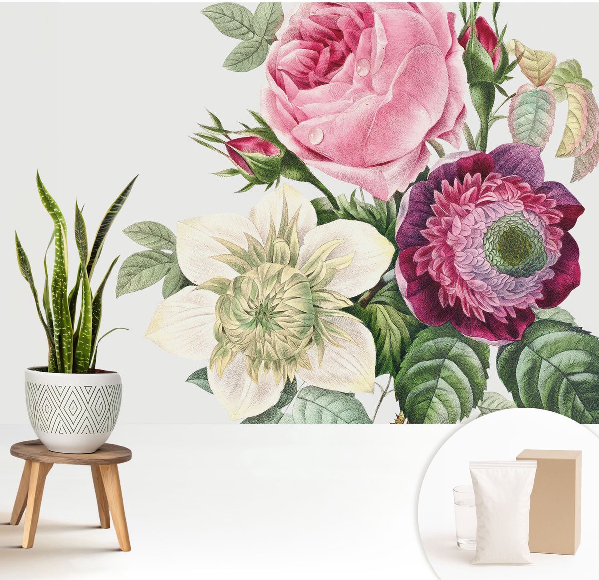 Wallfluent Fotobehang - Roze Vliesbehang - 208x146 cm - Bloemenboeket Muurschildering - Gang behang Bloemen En Planten - Fotobehang Vlies - Slaapkamer behang