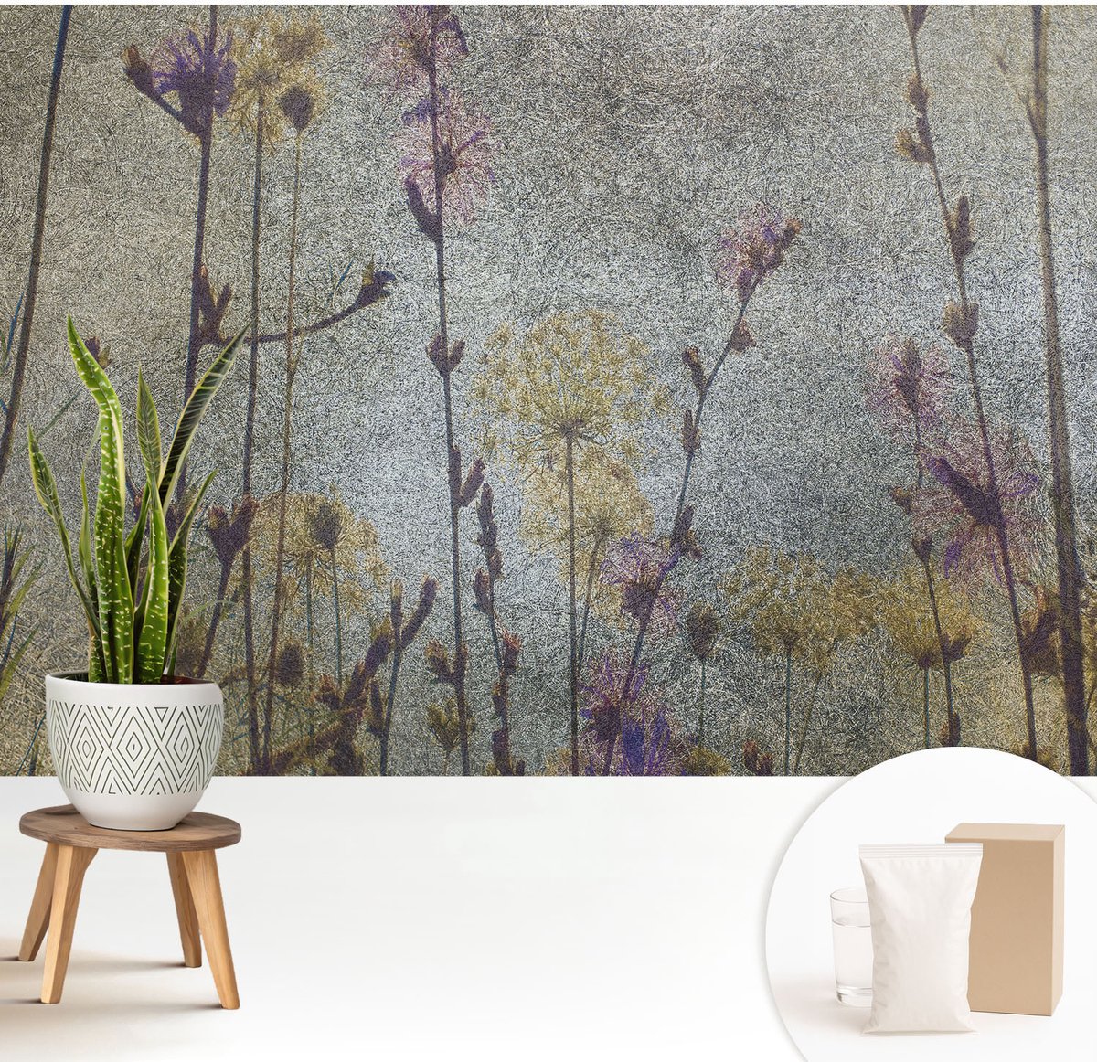 Wallfluent Fotobehang - Grijs Vliesbehang - 208x146 cm - Wilde Bloemen Muurschildering - Slaapkamer behang Bloemen En Planten - Fotobehang Vlies - Gang behang