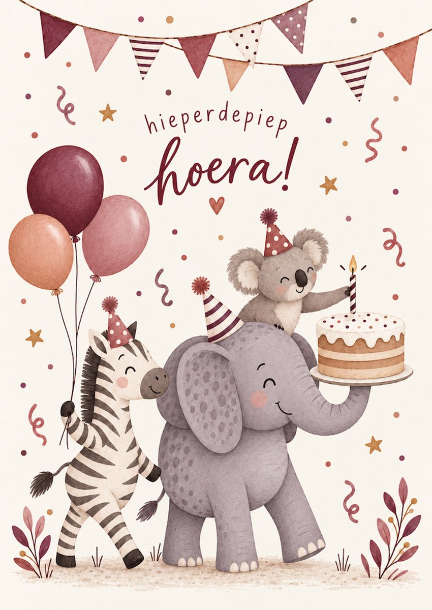 Verjaardagskaart kind met dieren – Hieperdepiep hoera – A6