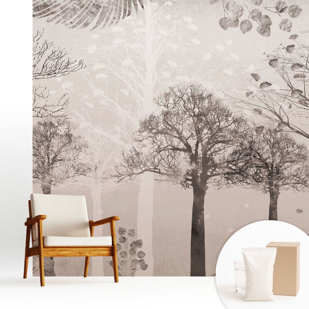 Wallfluent Fotobehang - Beige Vliesbehang - 250x250 cm - Kwetsbare Bomen Muurschildering - Slaapkamer behang Bloemen En Planten - Fotobehang Vlies - Gang behang