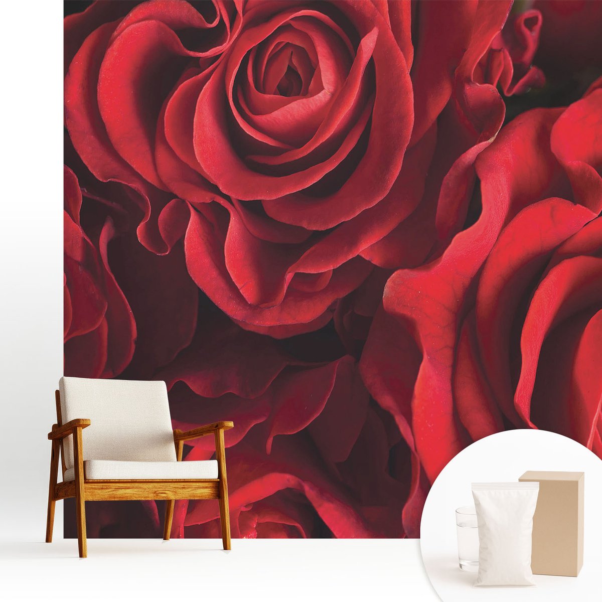 Wallfluent Fotobehang - Rood Vliesbehang - 250x250 cm - Rode Rozen Muurschildering - Slaapkamer behang Bloemen En Planten - Fotobehang Vlies - Gang behang