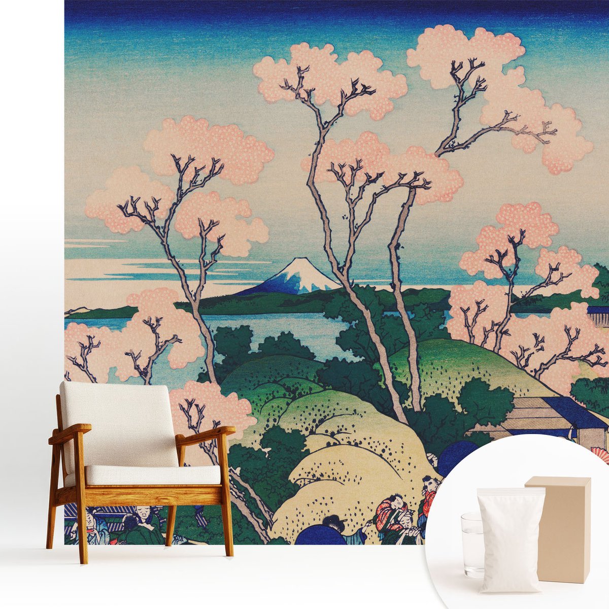 Wallfluent Fotobehang - Blauw Vliesbehang - 250x250 cm - Kersenbloesems Fotobehang Vlies - Woonkamer behang Bloemen En Planten - Muurschildering - Woonkamer behang