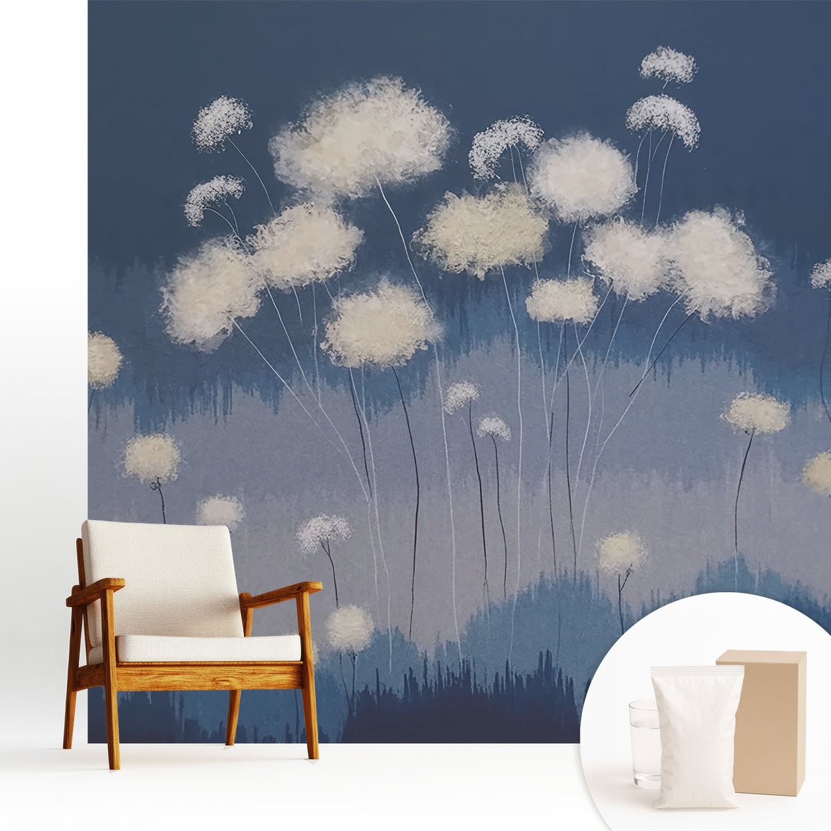 Wallfluent Fotobehang - Marine Vliesbehang - 250x250 cm - Witte Paardenbloemen Muurschildering - Gang behang Deel - Fotobehang Vlies - Slaapkamer behang
