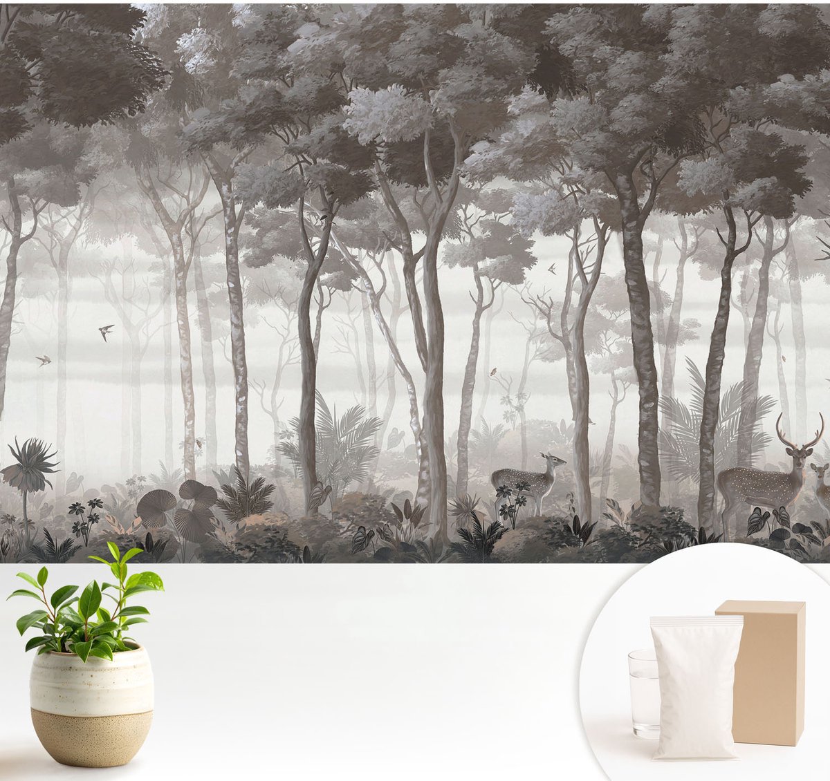 Wallfluent Fotobehang - Grijs Vliesbehang - 104x70 cm - Bosmagie Muurschildering - Gang behang Bloemen En Planten - Fotobehang Vlies - Slaapkamer behang