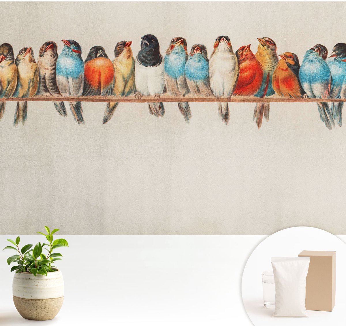 Wallfluent Fotobehang - Blauw Vliesbehang - 104x70 cm - Vogels Op Een Tak Fotobehang Vlies - Hal behang Dieren - Muurschildering - Woonkamer behang