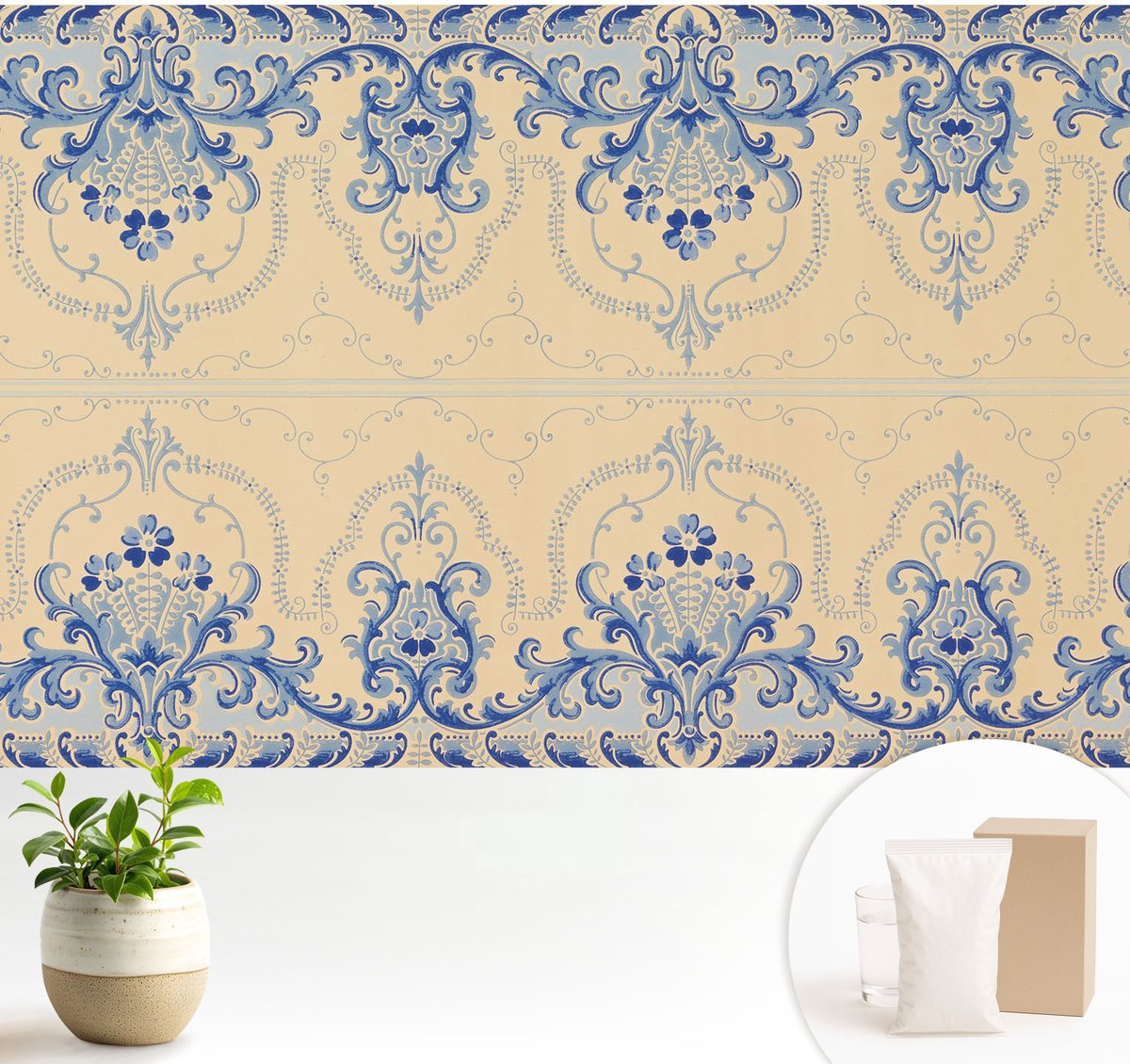 Wallfluent Fotobehang - Beige Vliesbehang - 104x70 cm - Blauwe Ornamenten Fotobehang Vlies - Hal behang Achtergronden En Patronen - Muurschildering - Woonkamer behang