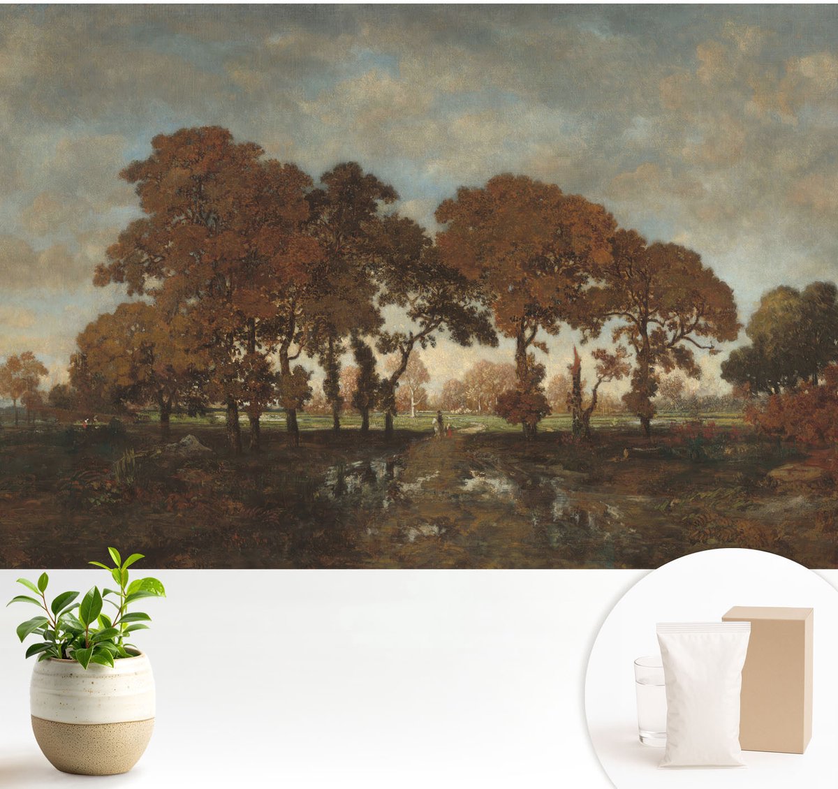 Wallfluent Fotobehang - Bruin Vliesbehang - 104x70 cm - Idyllisch Landschap Muurschildering - Gang behang Landschappen - Fotobehang Vlies - Slaapkamer behang