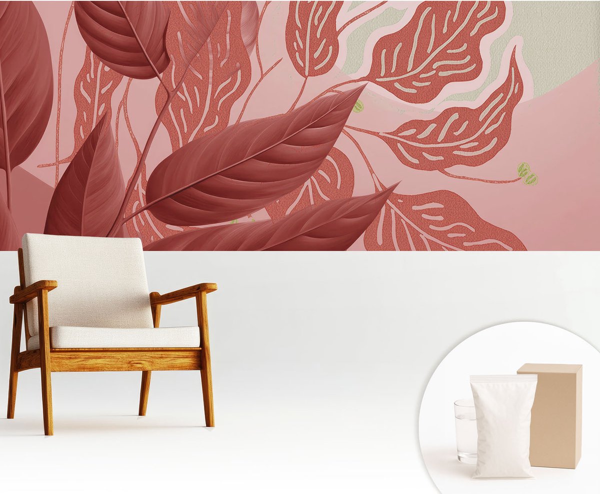 Wallfluent Fotobehang - Rood Vliesbehang - 250x104 cm - Biologische Bladeren Fotobehang Vlies - Woonkamer behang Bloemen En Planten - Muurschildering - Woonkamer behang