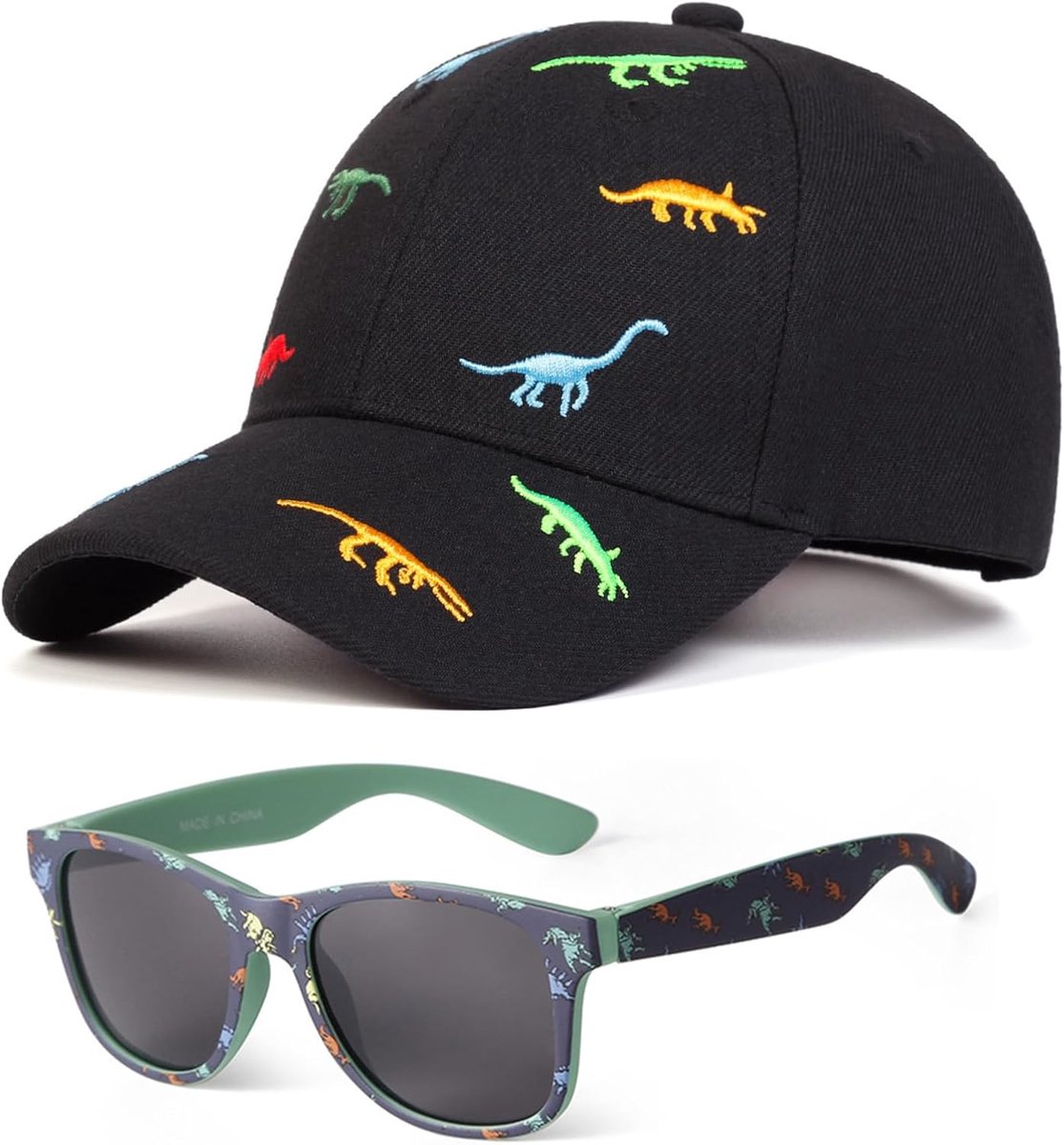 Honkbalpet voor jongens en kinderen, set zonnebril, dinosaurus basecap zonnehoed, baseballpet kinderen, pet baseballpet met platte rand, voor jongens meisjes