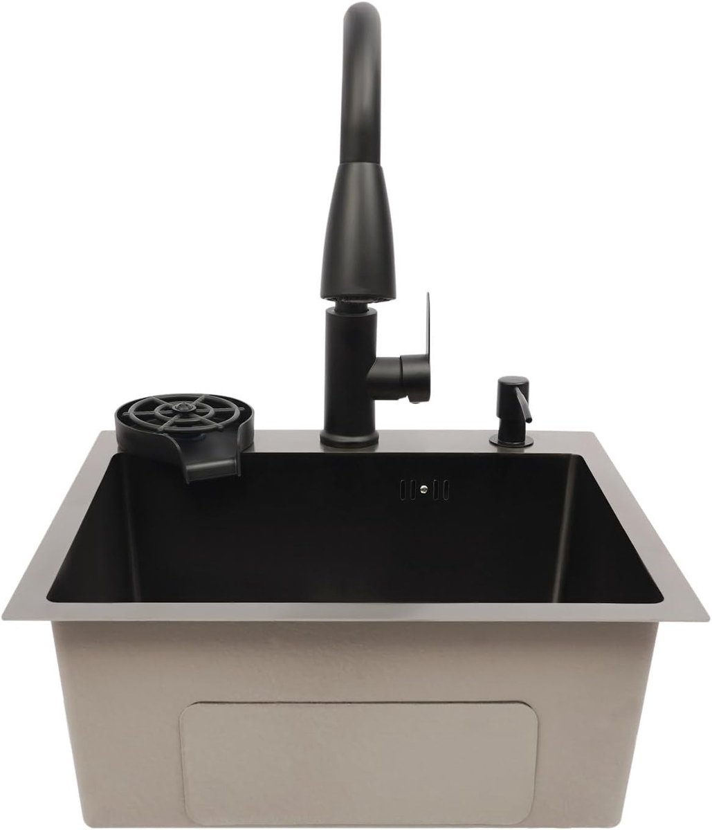 Keuken met armatuur, inbouwspoelbak roestvrij staal, spoelbak - rechthoekig 40x45cm, wastafel keuken incl. afdruiprek, zeepdispenser, zeefmand & uitgietbak, keukenspoelbak - zwart