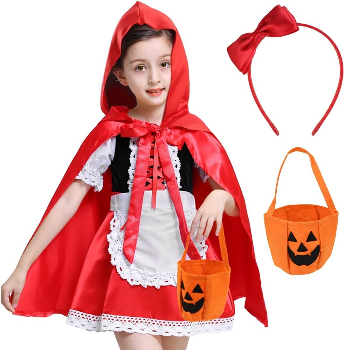 Roodkapje kostuum voor kinderen, kostuum voor meisjes, kostuum voor kinderen, met cape, schort, hoofdband en pompoentas, voor carnaval, Halloween, rollenspel