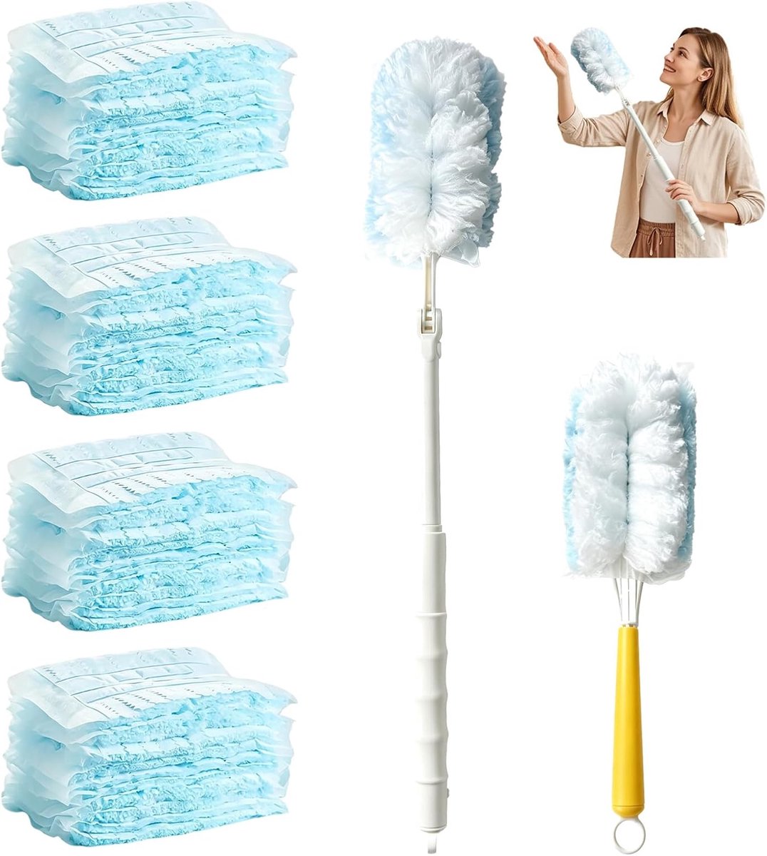 Navullingen voor plumeau compatibel met Swiffer Staubmagnet, Duster en 360 Duster, 40 koppen met 2 korte mouwen en 1 telescoopsteel tot 89 cm, lange vezels 180 graden, 18 × 11 cm