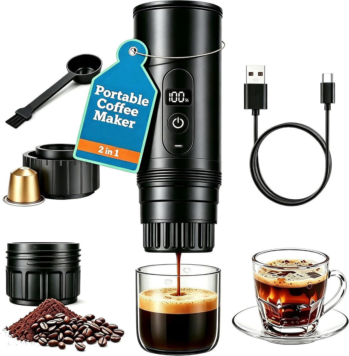 Koffiezetapparaat voor Capsules – 20 Bar 2-in-1 Multicasules Koffiemachine voor Cups & Gemalen Koffie – USB Oplaadbaar – Ideaal voor Reizen, Camping, Kantoor & Onderweg