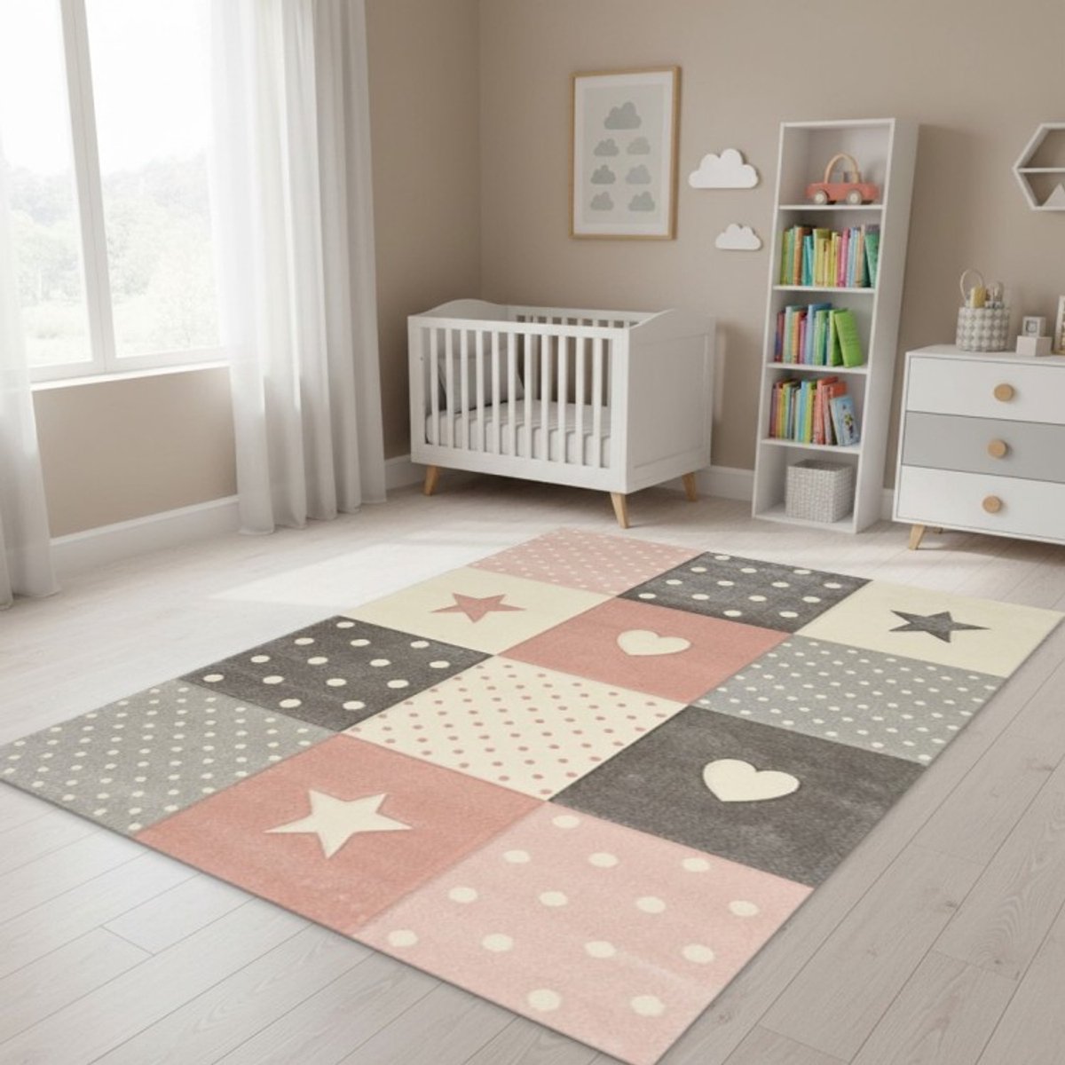 TapisTrend Kinderkleed Roze 140x200 cm geruit vloerkleed met reliëfsterren, hartjes en stippen voor de kinderkamer en speelkamer