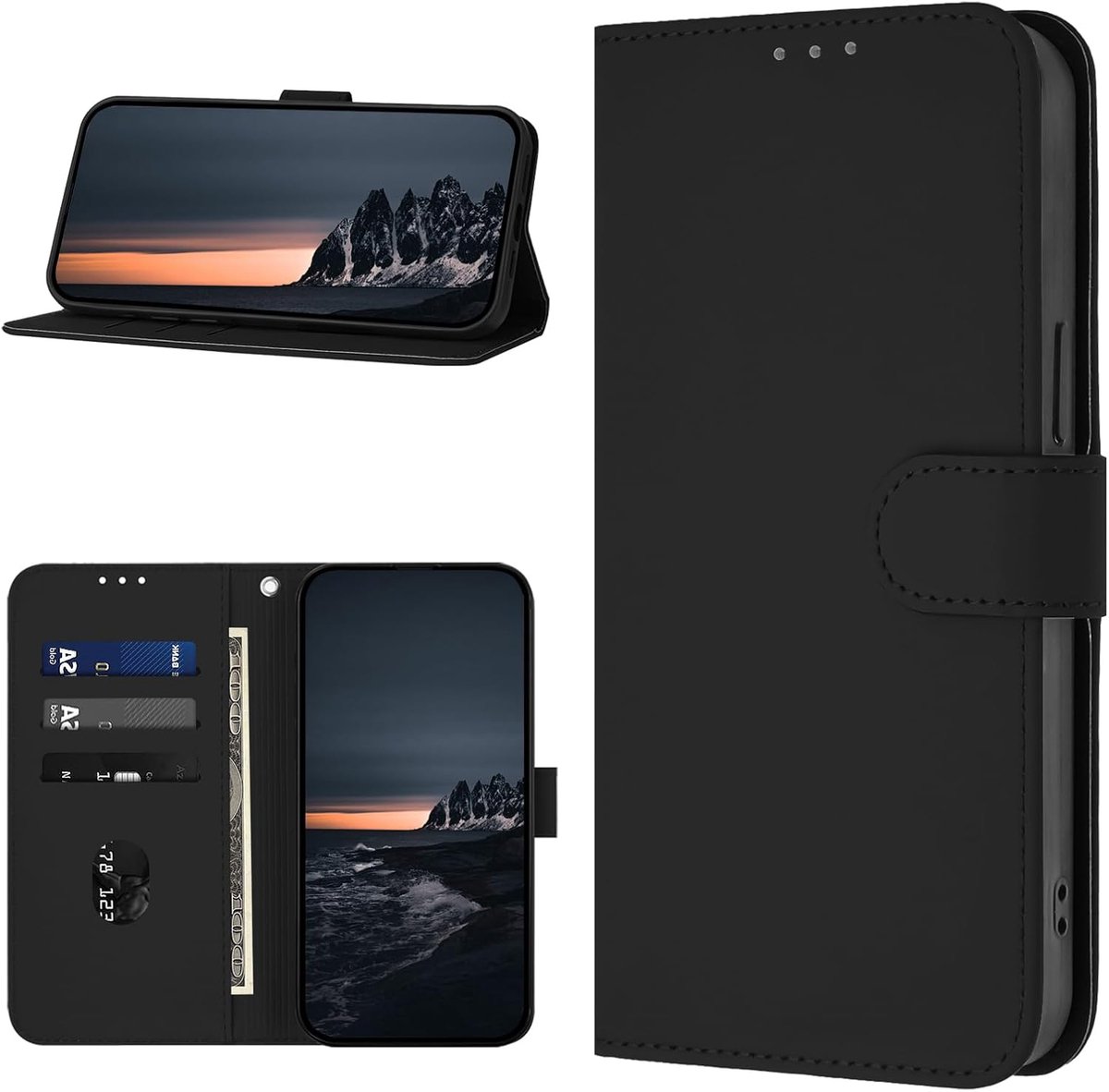 Beschermhoes voor iPhone 15, PU-leer met kaartsleuven, premium flip case, portefeuille, schokbestendig, wallet case cover voor iPhone 15 (zwart)