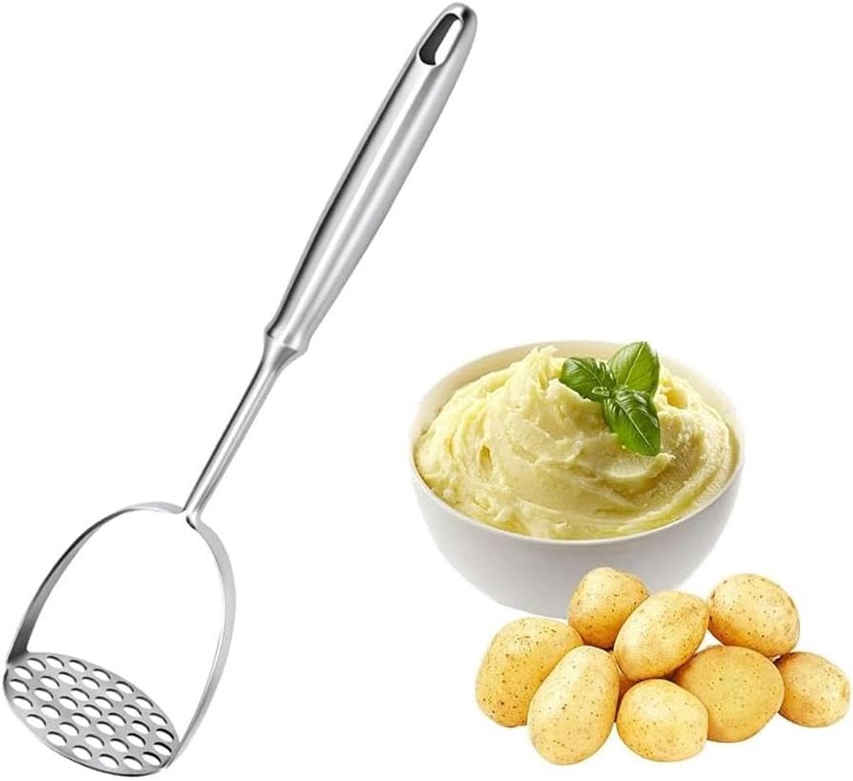 Aardappelstamper, roestvrij staal, stamper keuken, 32 cm, voedselstamper met lange handgreep voor groenten en fruit (zilver)