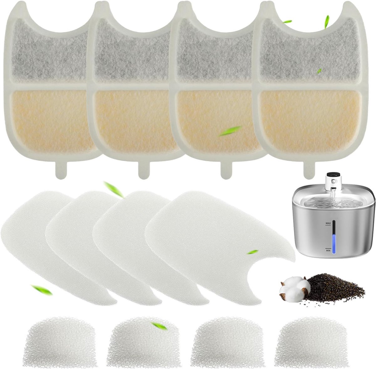 4 sets kattenfonteinfilters, 4 koolstoffilters, 4 voorgefilterde sponzen en 4 waterpompsponzen, met ionenwisselhars en actieve kool voor fontein van 4 l, automatische fontein