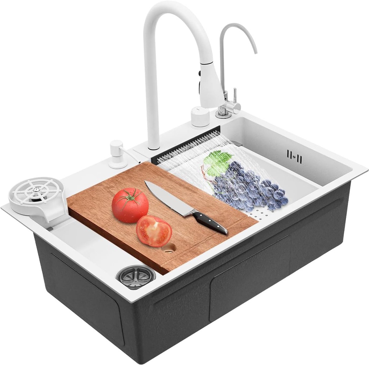 Gootsteen roestvrij staal keukenspoelbak multifunctionele inbouwspoelbak wastafel set met uittrekbare kraan glazen spoelbak snijplank voor thuis keuken bar 68 x 46 x 22 cm (wit)