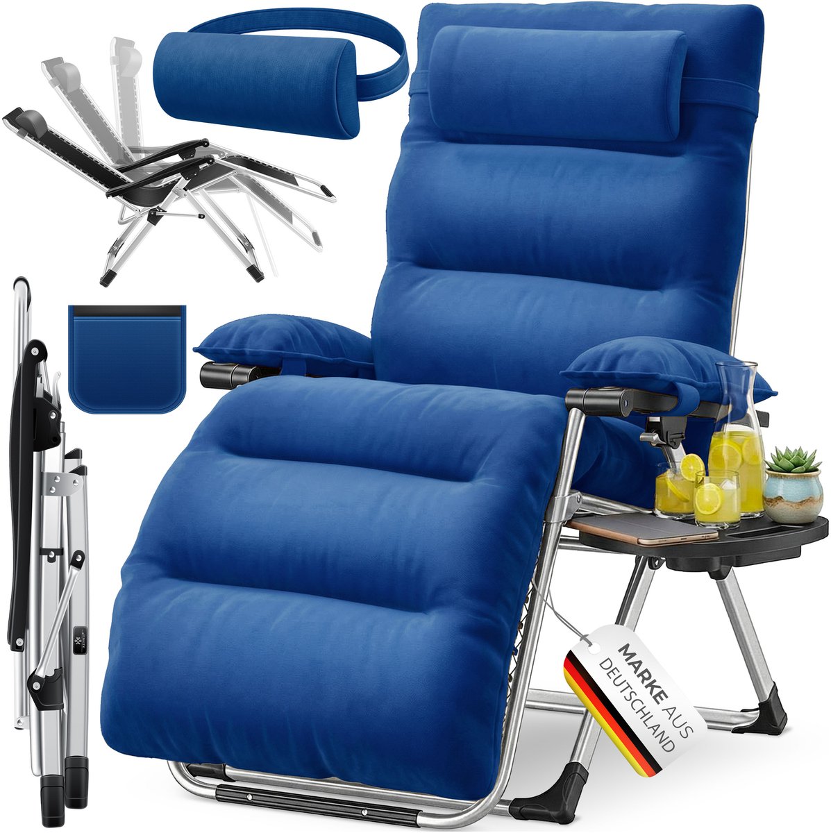 KESSER® Ligstoel - Inklapbaar en extra breed - Verstelbare rugleuning met nekkussen - 200 kg - Marineblauw