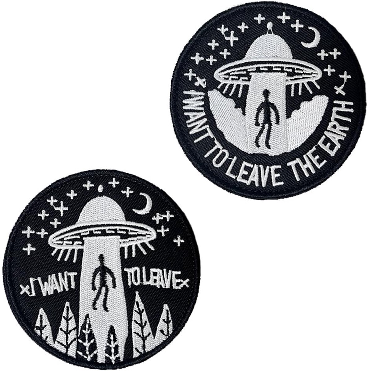 2 stuks I Want To Leave/The Earth Alien UFO grappige patch haak & lus borduursel vlag tactische afneembare patches applicatie voor rugzakken vest kleding hoed jas jeans T-shirt