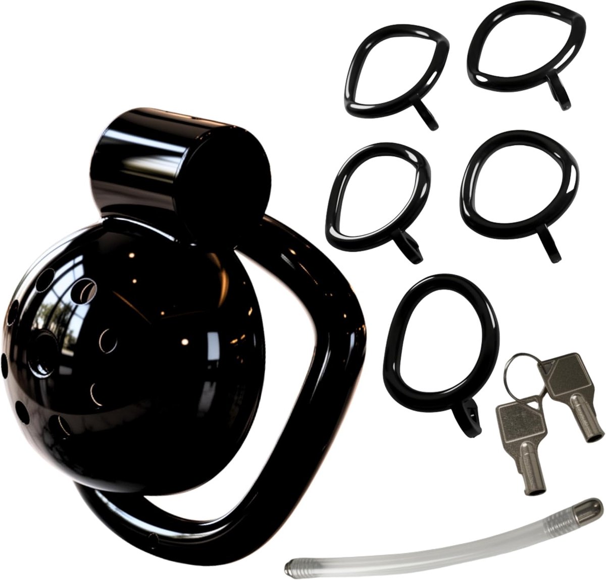 Inverted Chastity Cage - Zwarte eikel-kooi (2,4 cm) met 5 ringmaten & 11,5 cm siliconen penisplug - Geventileerde kooi voor edging & langdurig dragen - BDSM Cage Set - Comfortabel N54