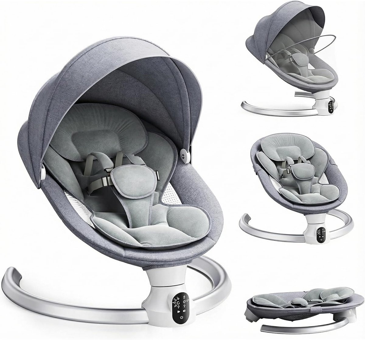 Elektrische babyschommel, upgrade 5-punts harnas, elektrische babyschommelstoel met 5 snelheden, 3 timers en 10 muziek, mobiele app/afstandsbediening, IMD-paneelbediening, babywip