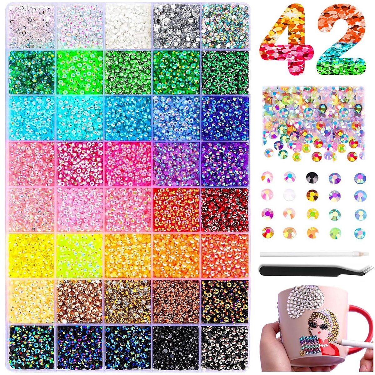 SnelShoppen - Bedazzled Kit 32000+ Stuks 3mm Flatback Rhinestones voor Nail Art, Sieraden, Kleding, Schoenen, 42 Kleuren met Pen en Accessoires