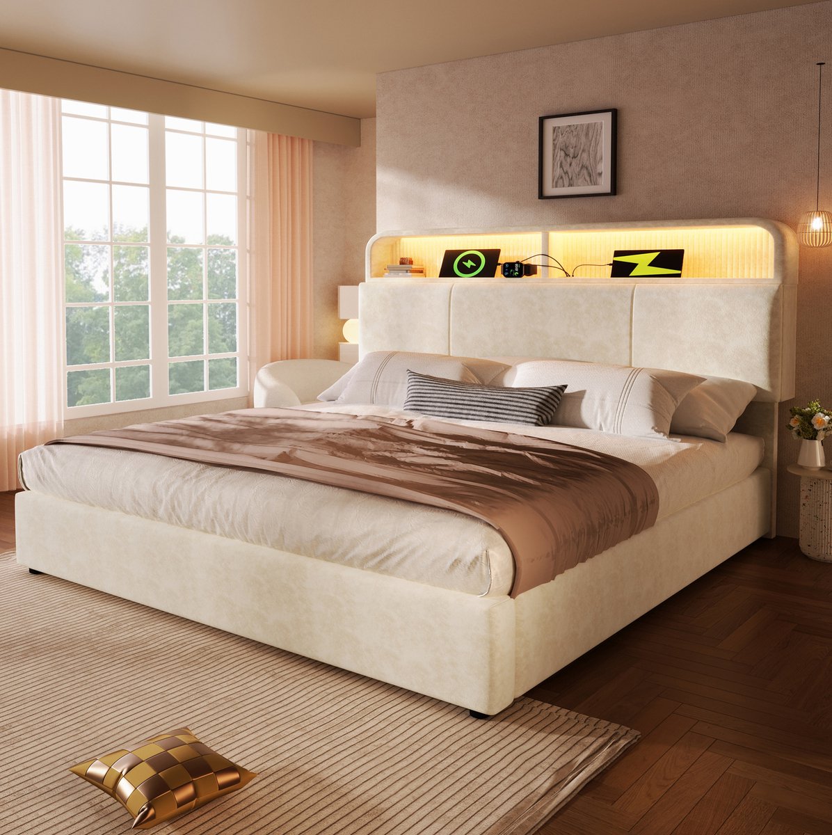 WUVRIE Hydraulisch opbergbed 140x200 cm met verstelbaar hoofdbord, led, USB/Type-C en matras, beige