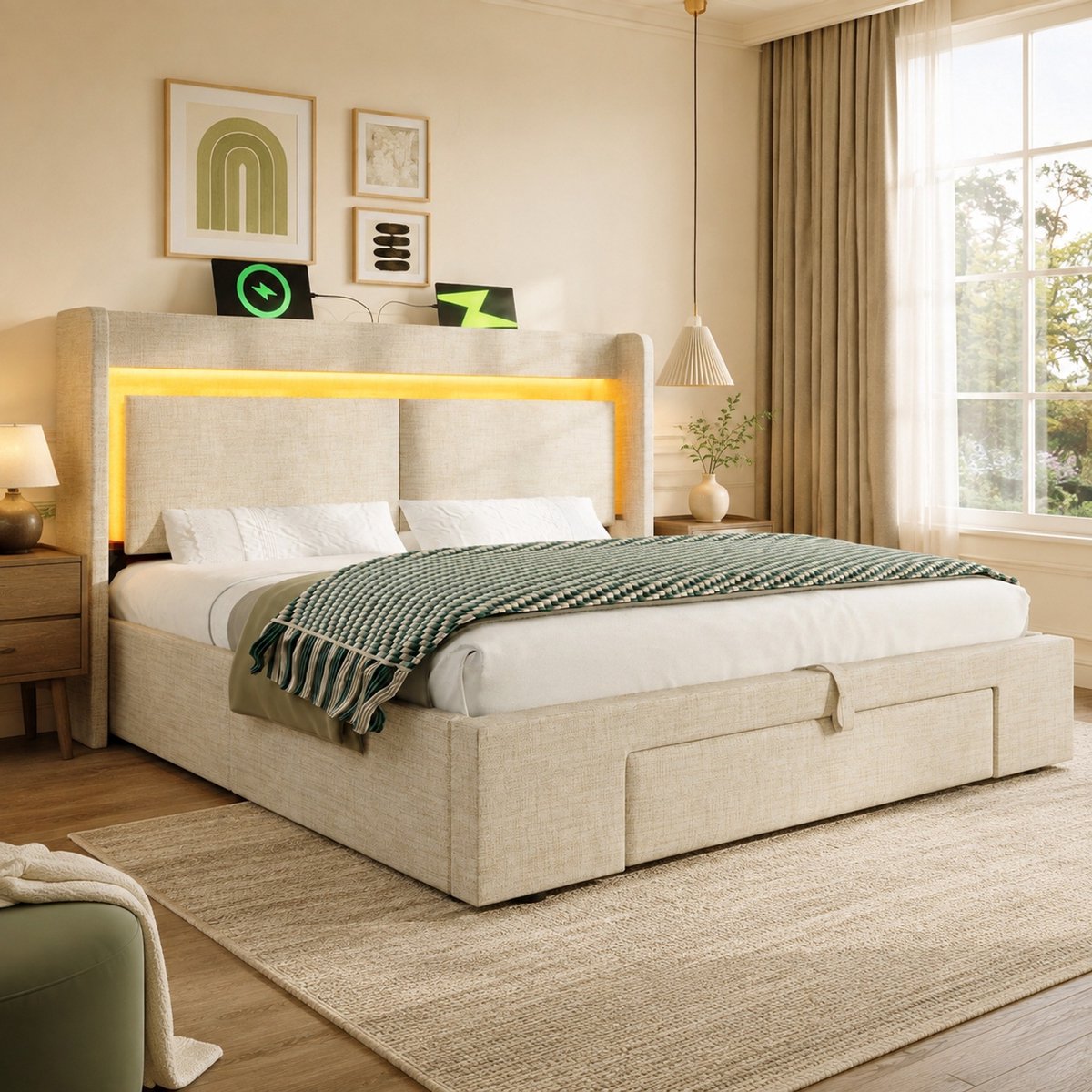 WUVRIE Stoffen bedframe 160x200 cm met hydraulische opbergruimte, LED, USB en USB-C, beige