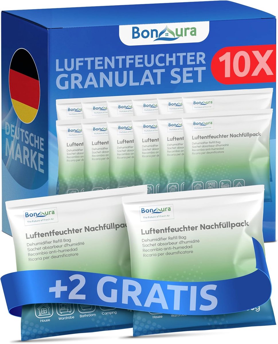 SnelShoppen - Luchtontvochtiger Granulaat Navulverpakking 12 x 400 g - Voordeelset voor Schimmel- en Geurbescherming in Woon- en Slaapkamers