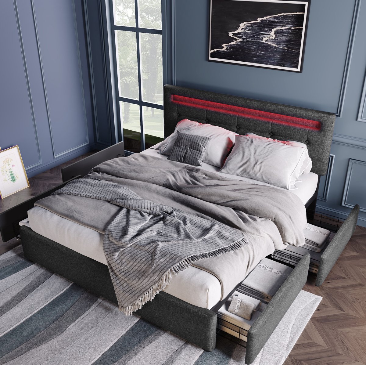WUVRIE Bedframe 140x200 cm met LED-verlichting, 4 lades en verstelbaar hoofdeinde, grijs