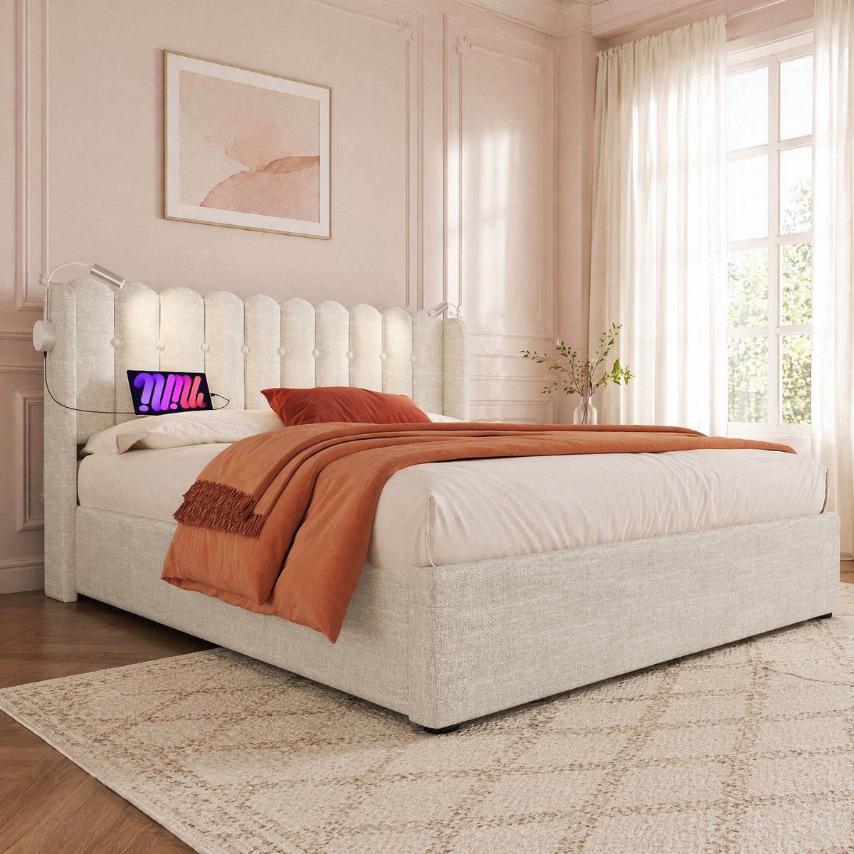 WUVRIE Tweepersoons opbergbed 140x200 cm met leesverlichting, 2 USB-poorten en lattenbodem, naturel