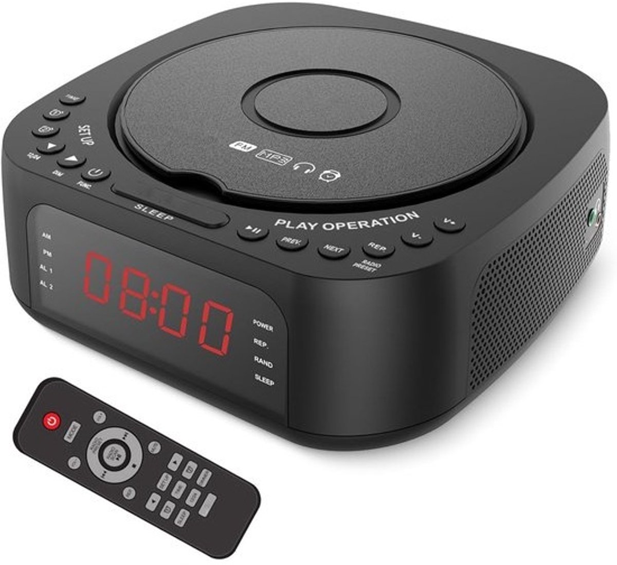 XUMIUZIY wekker voor cd-speler - Bluetooth-desktop-cd-speler met FM-radio, slaaptimer en dubbele alarmen - Ingebouwde hifi-luidsprekers, dimbaar display, USB-opladen, afstandsbediening, zwart