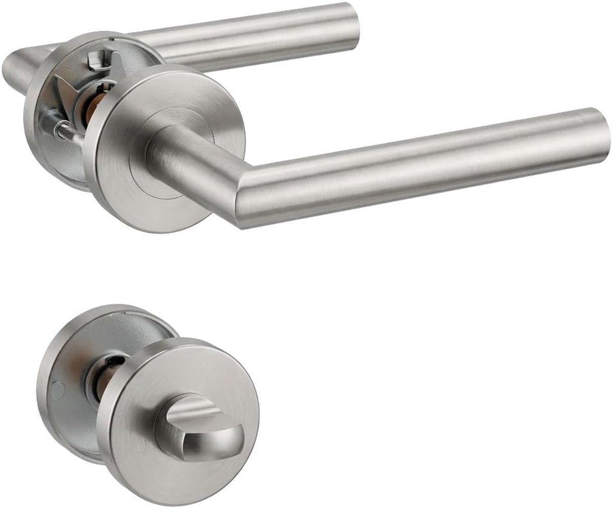 SnelShoppen - RVS Deurhendel met Badkamerknop en Mortise Deurslot - Set van 1 - Satin Afwerking - 135MM x 70MM - Geschikt voor Deurdiktes 35-45mm - Id