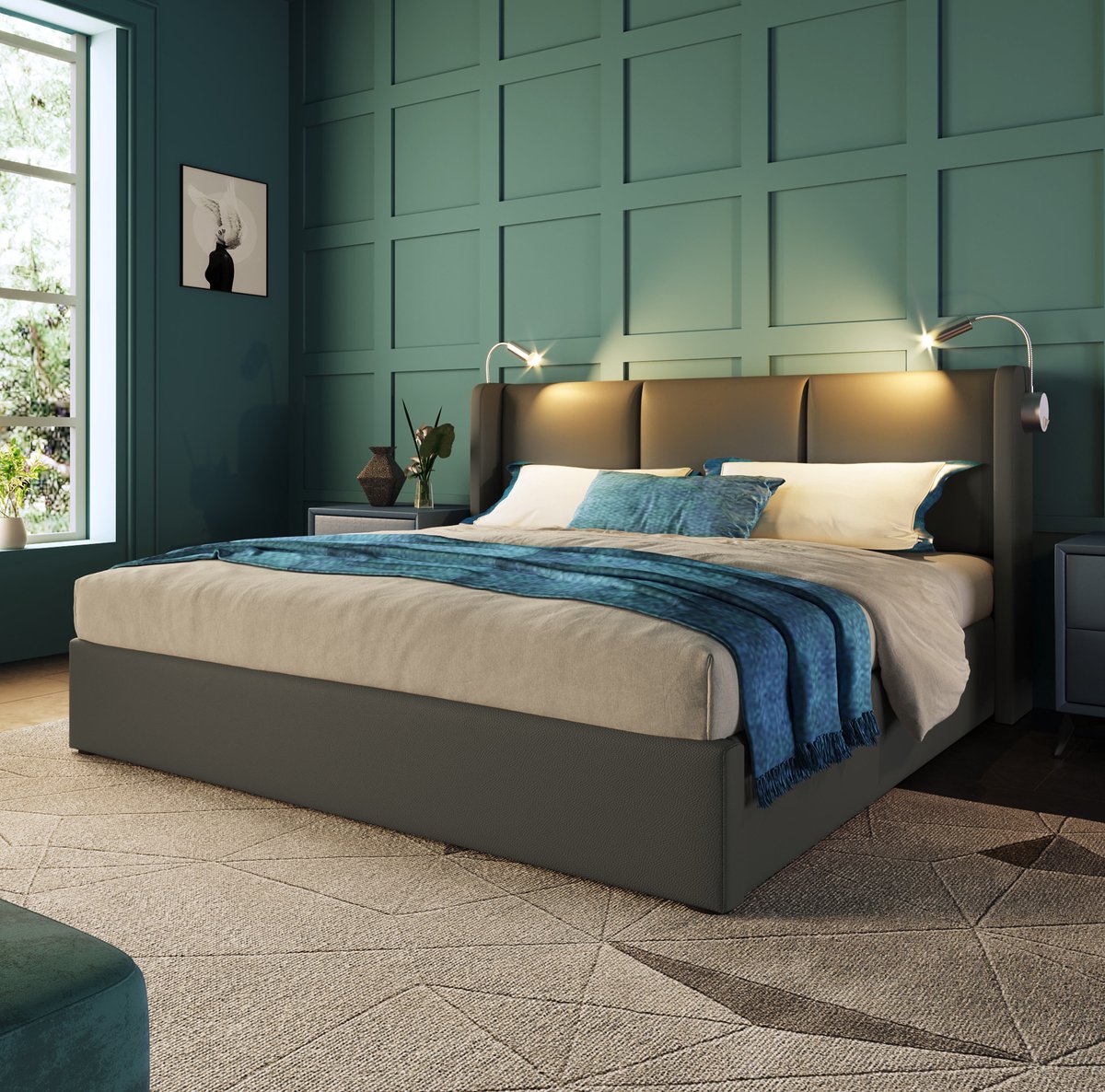 WUVRIE Tweepersoons opbergbed 160x200 cm met lattenbodem, leeslamp en USB-laadfunctie, grijs kunstleer