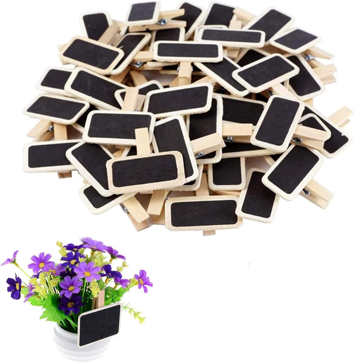 SnelShoppen - Mini Signs with Clip - 50 Stuks Houten Krijtbordjes - Kleine Wasbare Prijsetiketten - Foto Memo Bordjes - Feest Labels voor Tuin, Keuken
