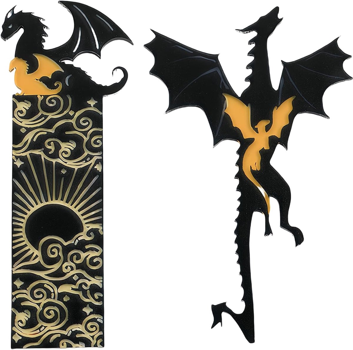 SnelShoppen - 2 Stuks Acryl Boekenleggers, Zwart Goud Design met Zon en Wolken, Perfect als Cadeau voor Boekenliefhebbers, Kinderen, Studenten, Lerare