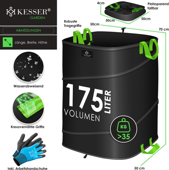 KESSER® Pop-up tuinzak 175 liter - Zelfstaand en opvouwbaar - Met handschoenen - Zwart/lichtgroen — afbeelding 4