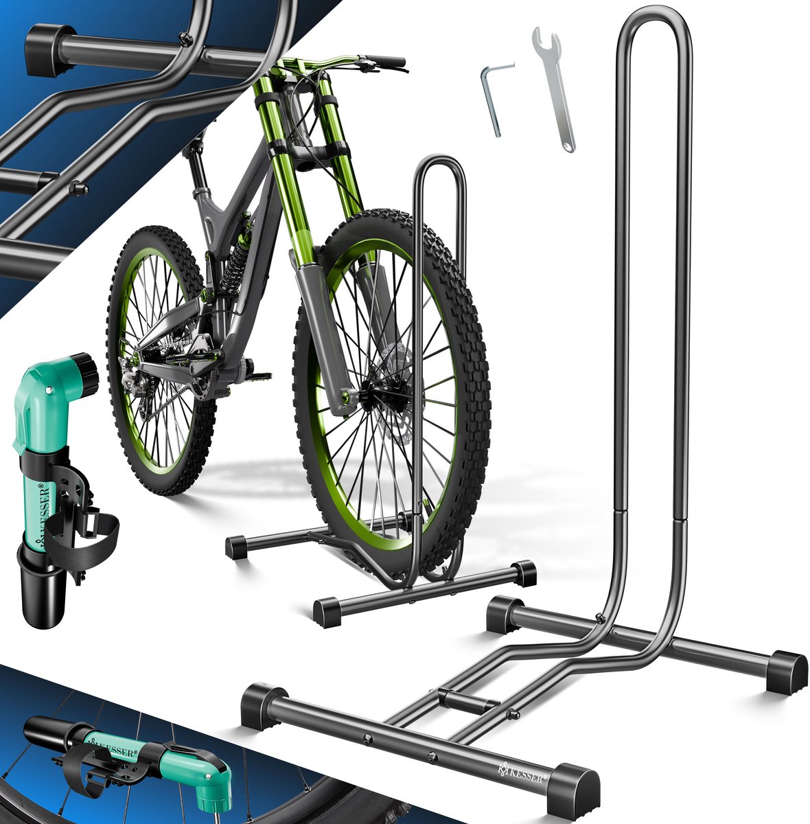 KESSER® Fietsenstandaard - Mobiele fietsenrek voor mountainbike en e-bike - Inclusief luchtpomp - Set van 1 - Antraciet