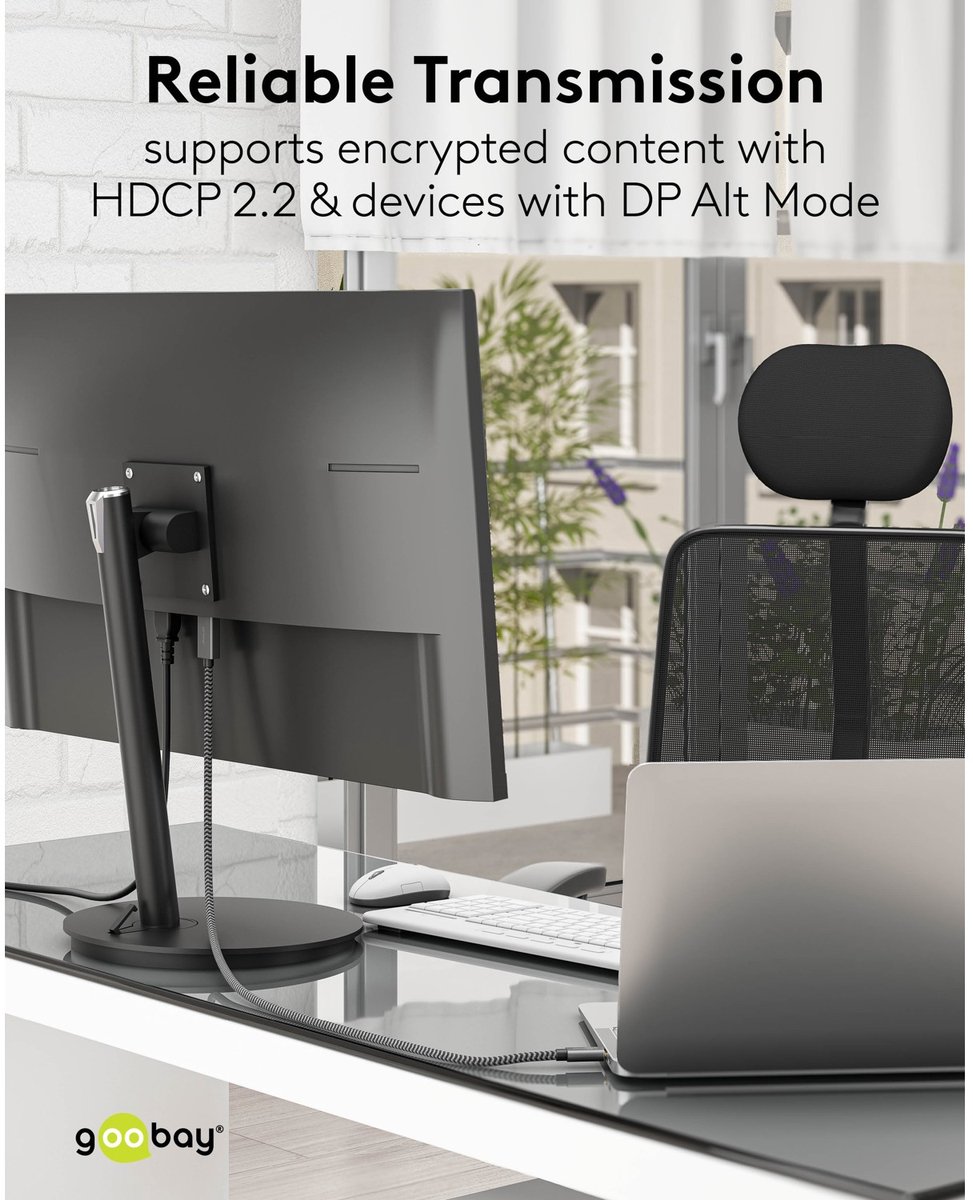 Goobay USB-C naar DisplayPort kabel, 1 m, zwart;zilveren, 4K @ 60 Hz, 21,6 Gbit/s, USB 3.1, textielmantel