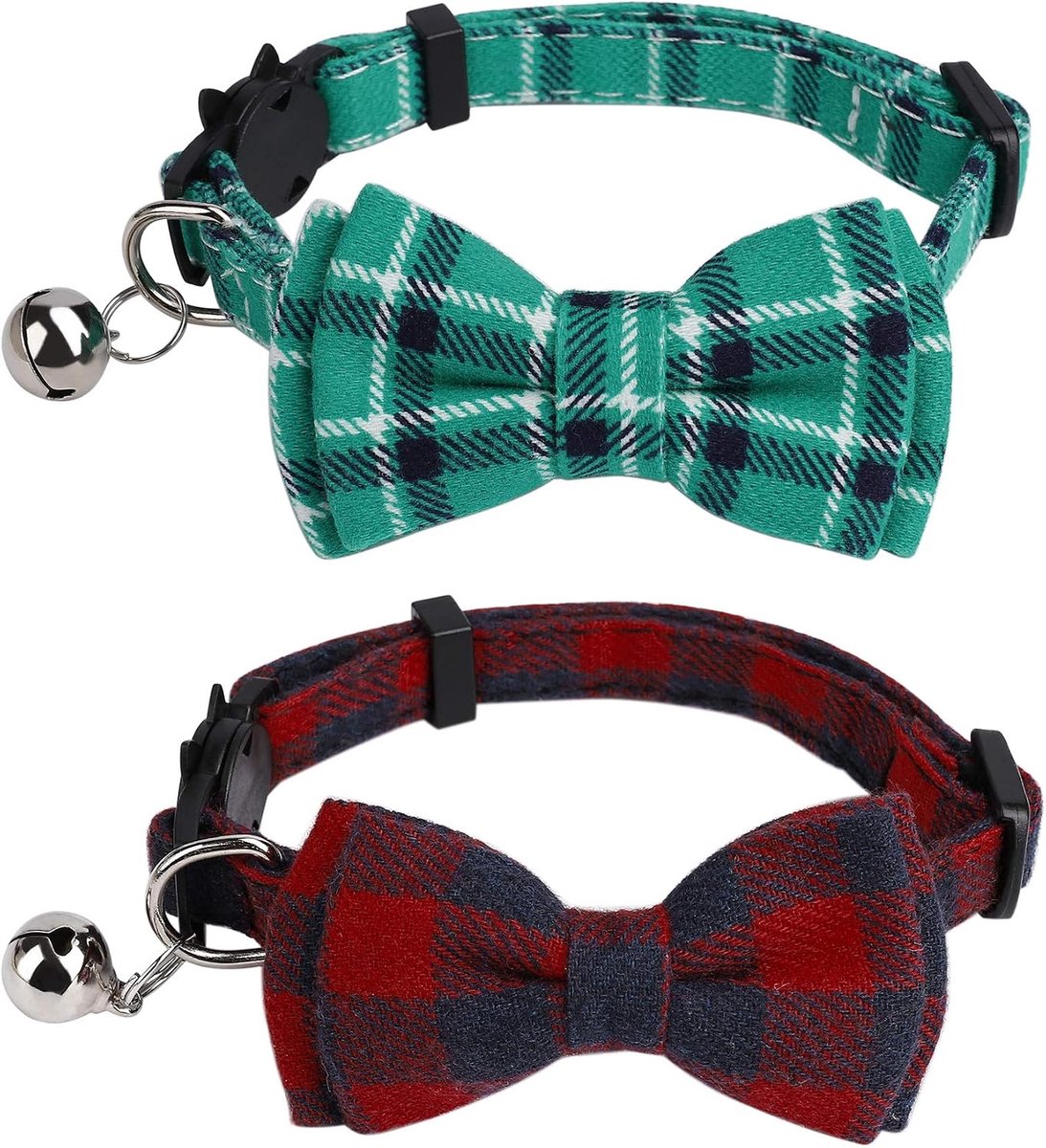 Kattenhalsband met belletjes en vlinderdas, verstelbaar, 2 stuks, instelbaar, plaid, kattenhalsbanden met veiligheidssluiting, voor kleine honden en kitten (rood, groen)