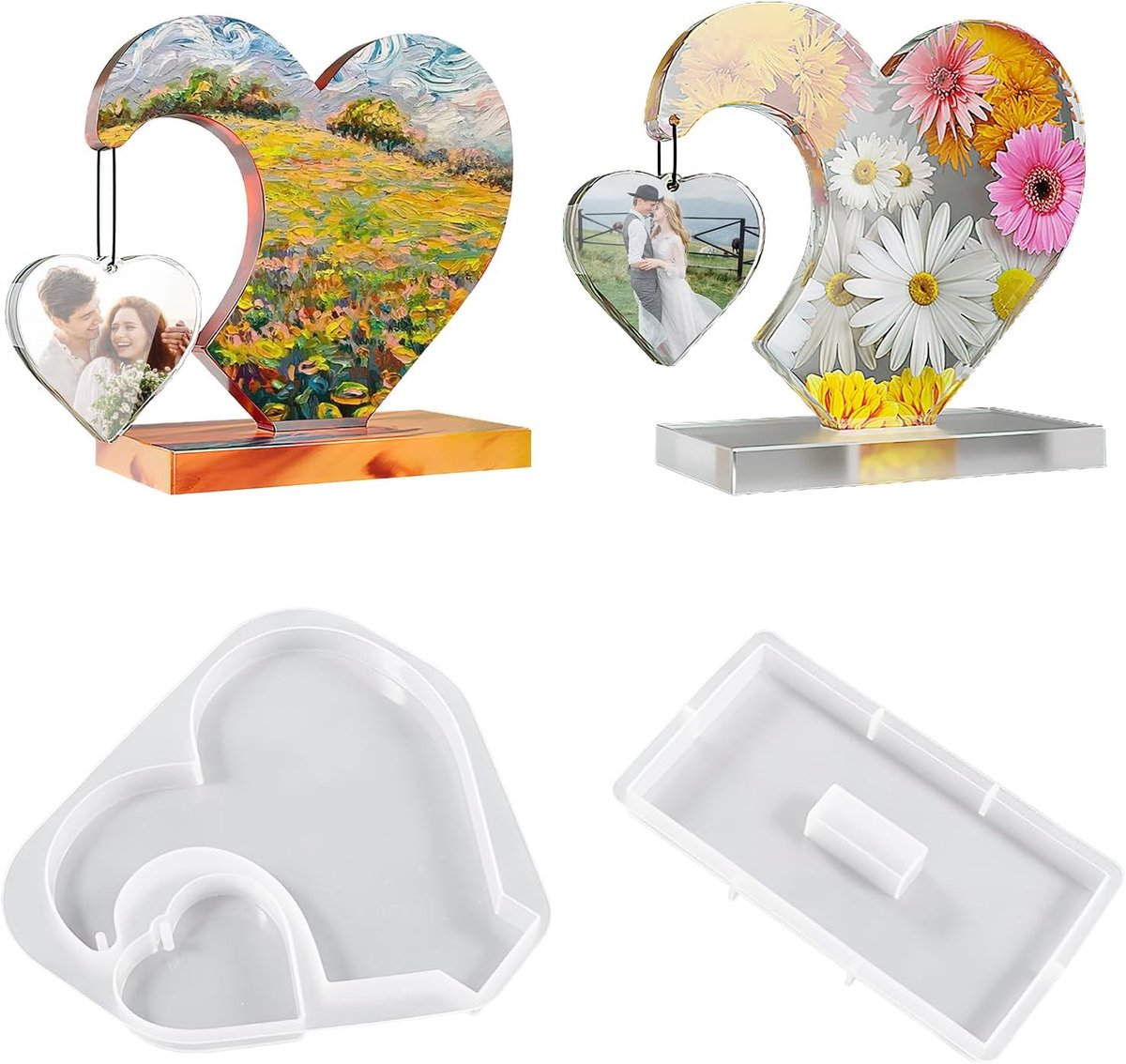 Frame van epoxyhars, siliconen vormen in hartvorm voor 3D-epoxyhars, set van 2 met houder, ideaal voor kunstprojecten, geschenken en woondecoratie