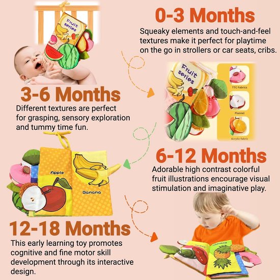 Babyboekjes, zachte stoffen speeltjes geschikt voor baby's van 0-6 tot 12 maanden, geschikt als buikligspeelgoed voor baby's van 0-3-4-5-6-9-12 maanden, tactiele sensorische boekjes met ritselende geluiden, geschikt om in de kinderwagen te plaatsen. — afbeelding 4
