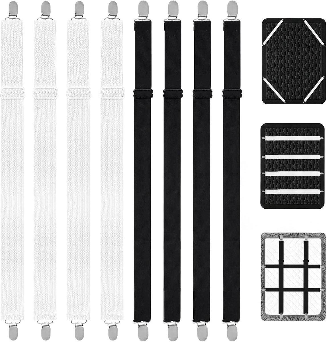 8 stuks lakclips, tot 250 cm, elastische hoeslakenclips voor beddengoed, verstelbare bevestigingsmiddelen, bandjes voor slaapbank, matrashoezen, kussenslopen (zwart, wit)